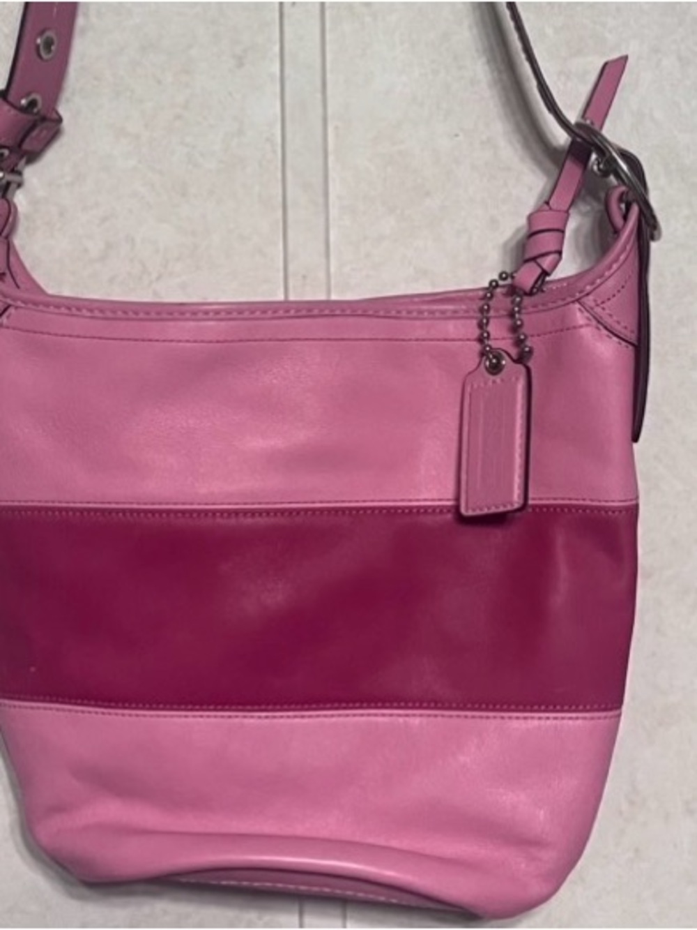COACH Rugby Stripe Pink Leather Bleeker Duffle Crossbody Shoulder Bag F13357 EUC - Picture 1 of 7